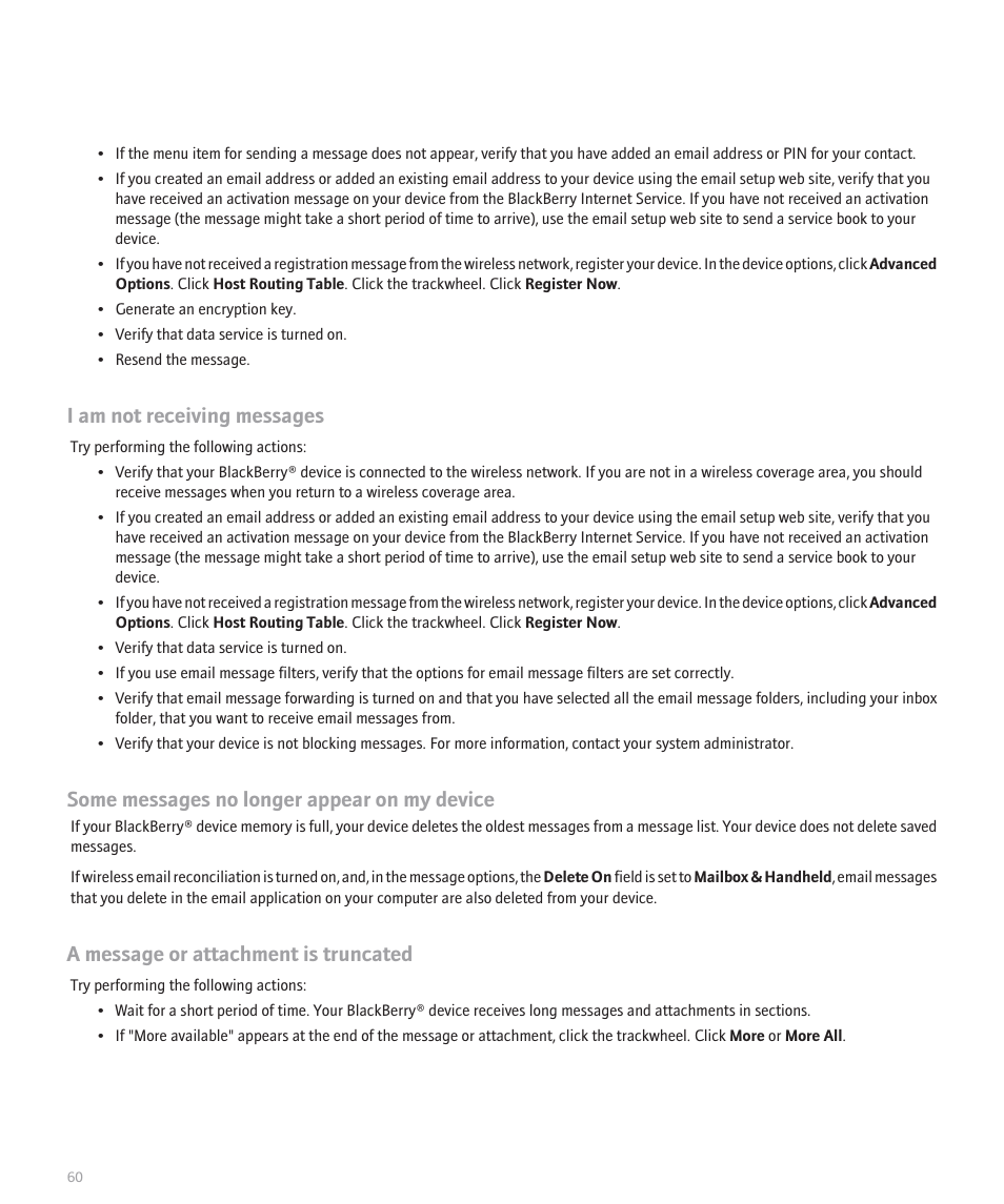 I am not receiving messages, Some messages no longer appear on my device, A message or attachment is truncated | Blackberry 8707 User Manual | Page 62 / 323