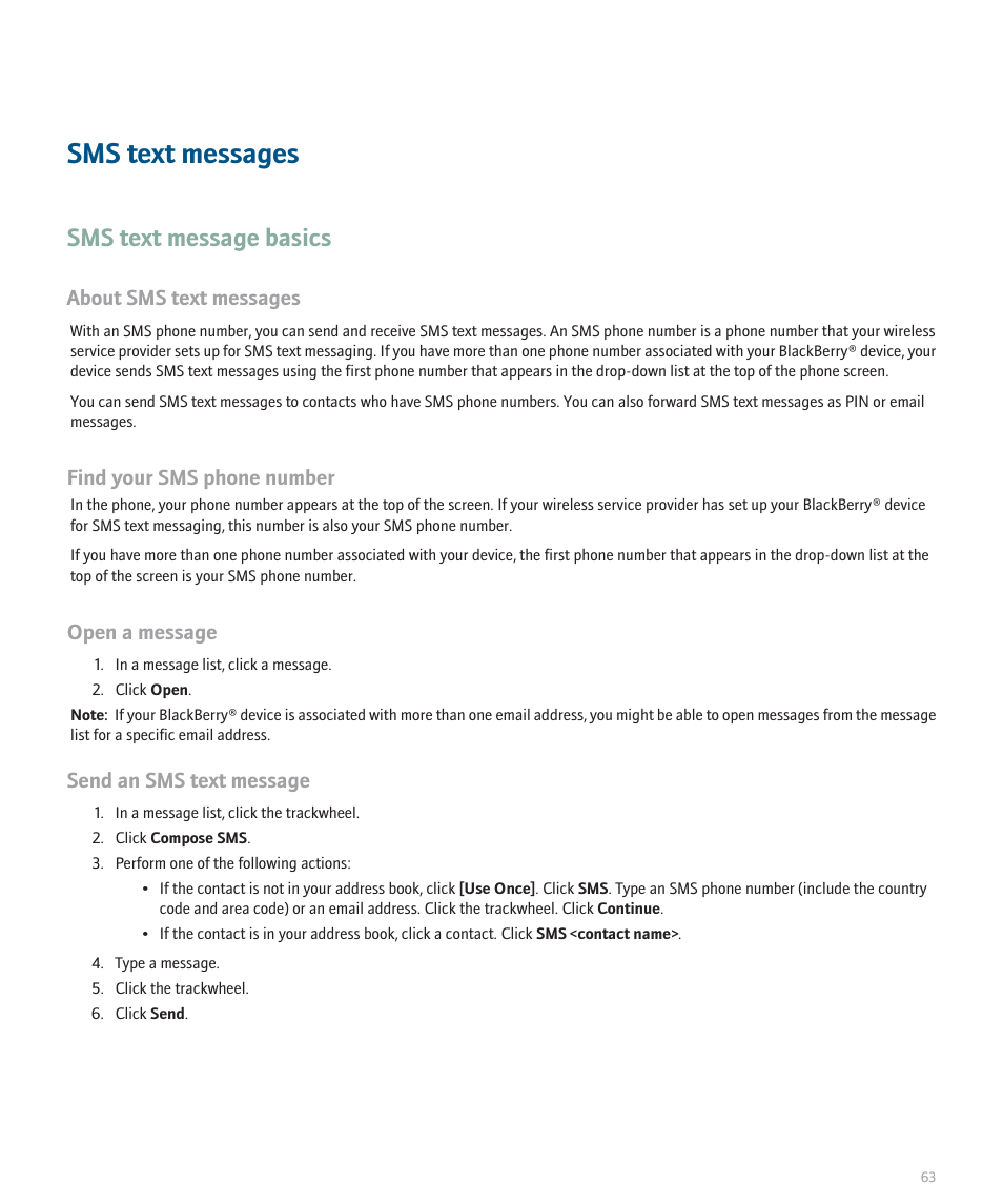 Sms text messages, Sms text message basics, About sms text messages | Find your sms phone number, Open a message, Send an sms text message | Blackberry 8707 User Manual | Page 65 / 323