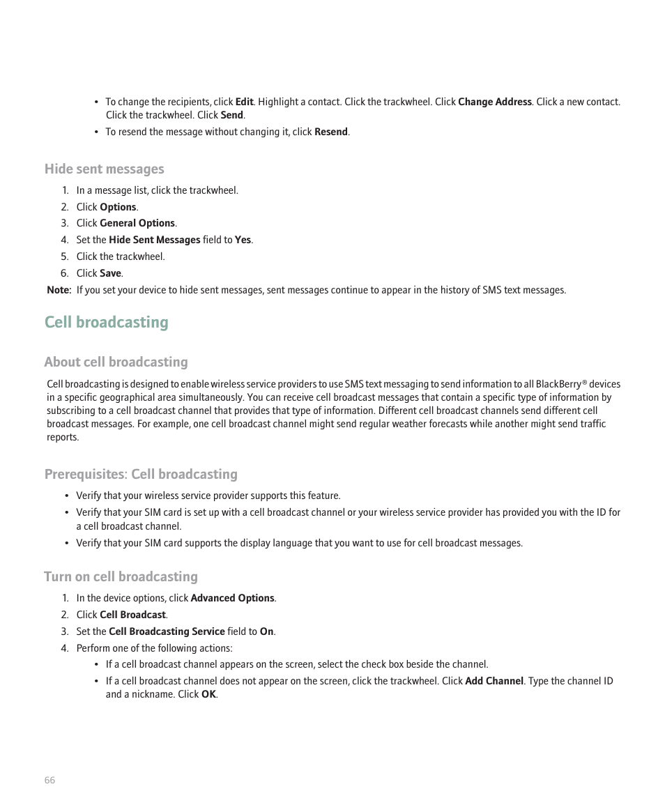 Cell broadcasting, Hide sent messages, About cell broadcasting | Prerequisites: cell broadcasting, Turn on cell broadcasting | Blackberry 8707 User Manual | Page 68 / 323