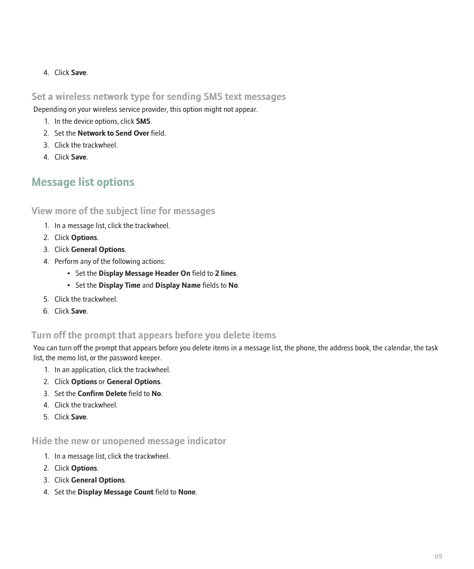 Message list options, View more of the subject line for messages, Hide the new or unopened message indicator | Blackberry 8707 User Manual | Page 71 / 323
