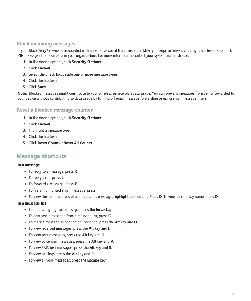 Message shortcuts, Block incoming messages, Reset a blocked message counter | Blackberry 8707 User Manual | Page 73 / 323