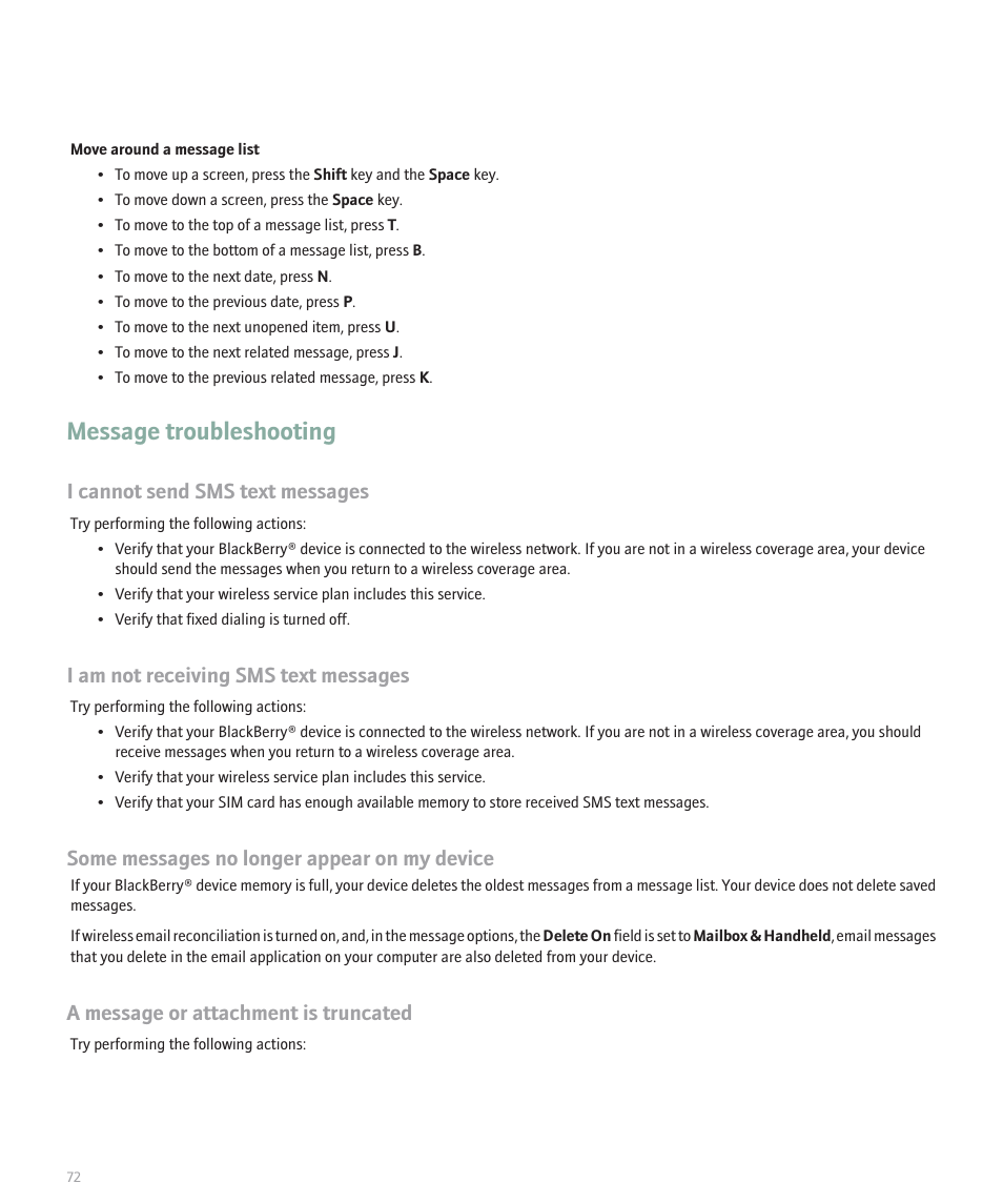 Message troubleshooting, I cannot send sms text messages, I am not receiving sms text messages | Some messages no longer appear on my device, A message or attachment is truncated | Blackberry 8707 User Manual | Page 74 / 323