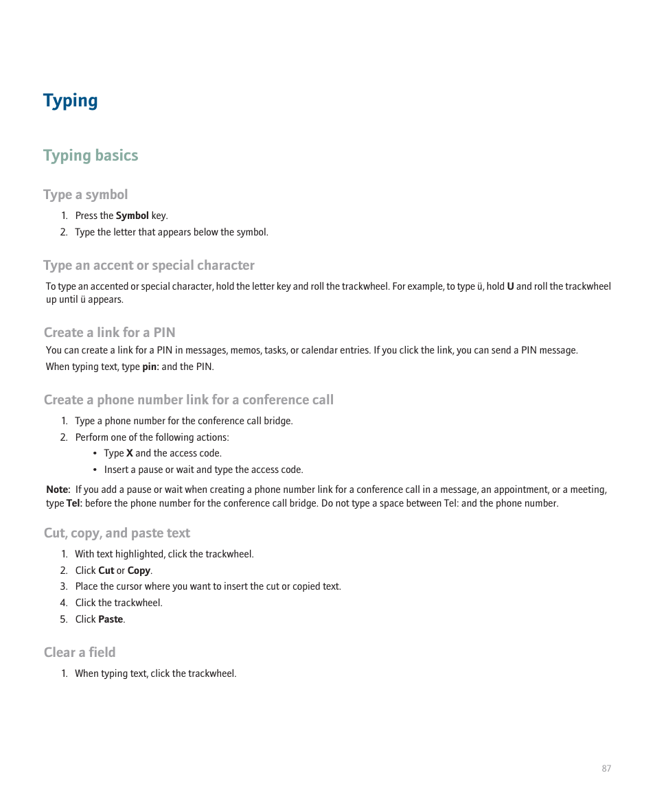 Typing, Typing basics | Blackberry 8707 User Manual | Page 89 / 323