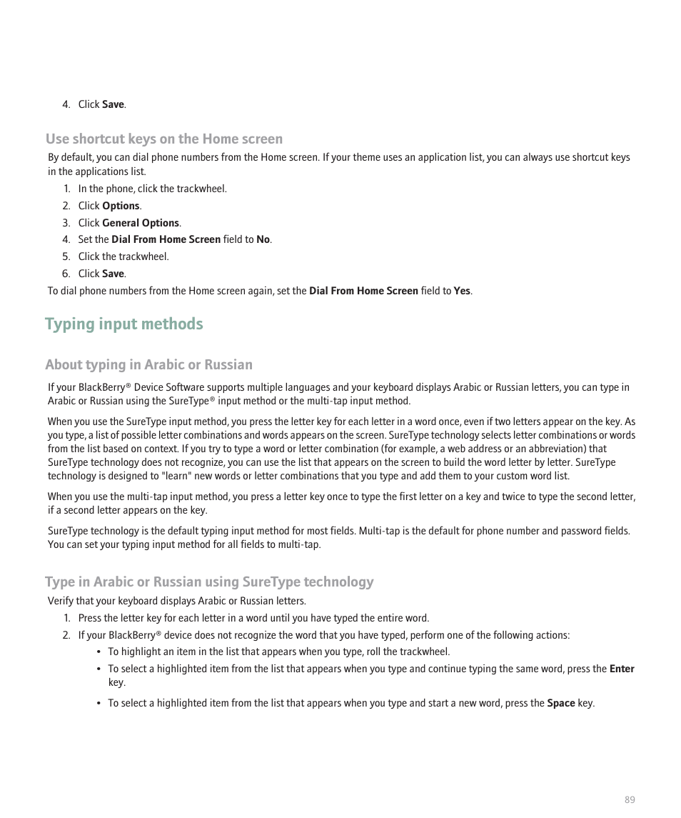 Typing input methods, Use shortcut keys on the home screen, About typing in arabic or russian | Blackberry 8707 User Manual | Page 91 / 323