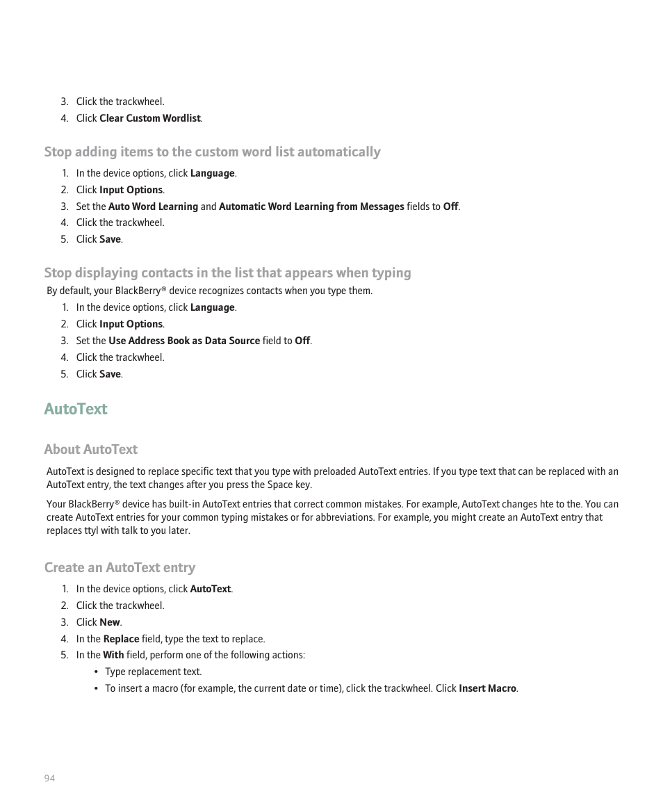 Autotext, About autotext, Create an autotext entry | Blackberry 8707 User Manual | Page 96 / 323