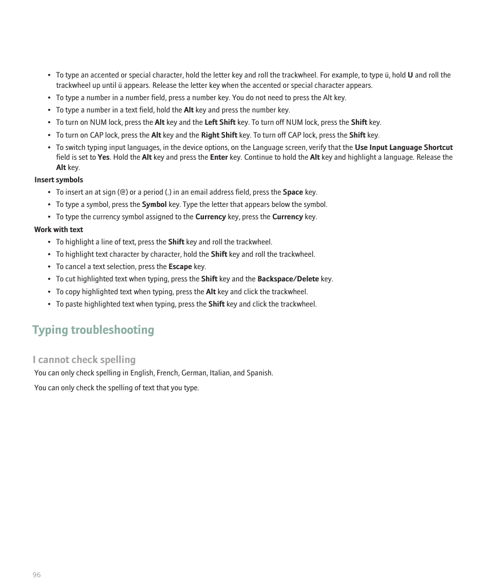 Typing troubleshooting, I cannot check spelling | Blackberry 8707 User Manual | Page 98 / 323