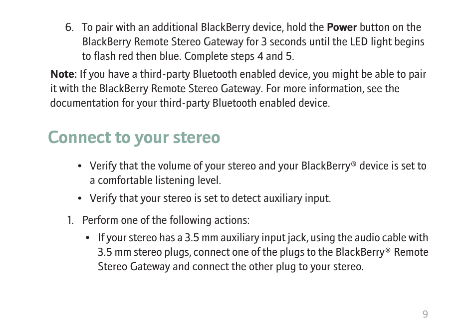 Connect to your stereo | Blackberry MAT-17698-001 User Manual | Page 11 / 30