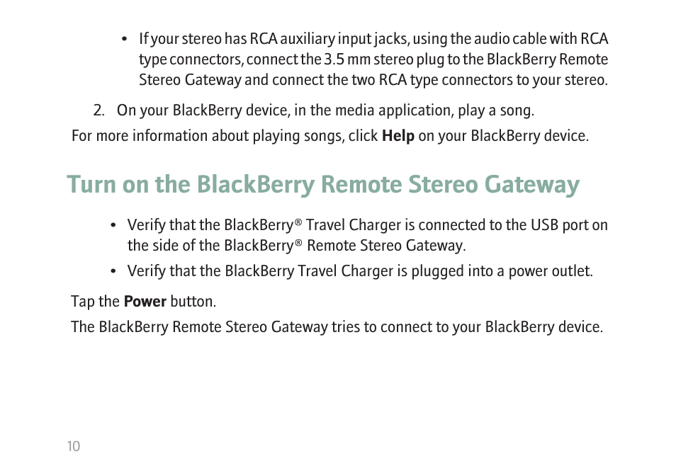 Turn on the blackberry remote stereo gateway | Blackberry MAT-17698-001 User Manual | Page 12 / 30