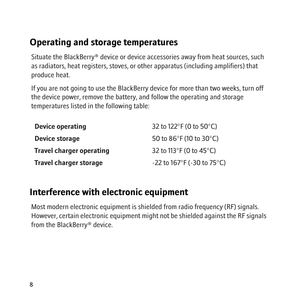 Operating and storage temperatures, Interference with electronic equipment | Blackberry 8800 User Manual | Page 10 / 32