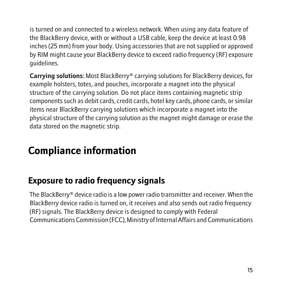 Compliance information, Exposure to radio frequency signals | Blackberry 8800 User Manual | Page 17 / 32