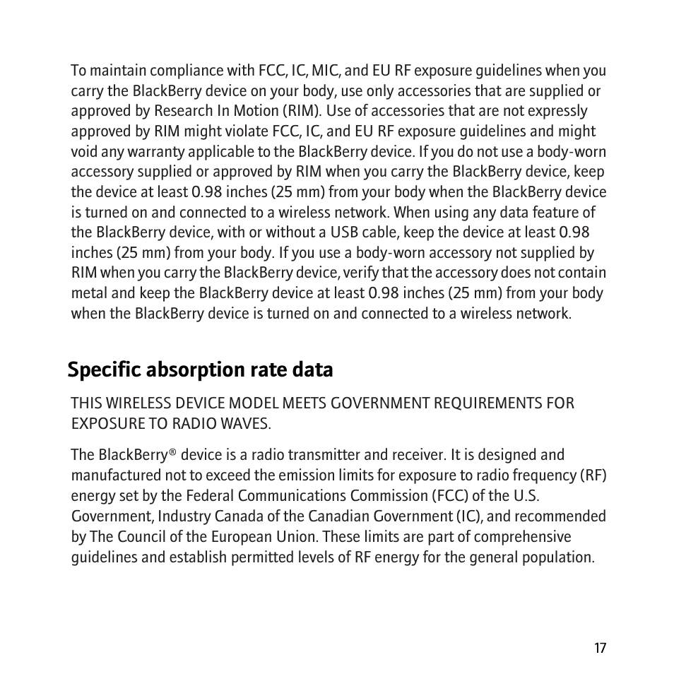 Specific absorption rate data | Blackberry 8800 User Manual | Page 19 / 32