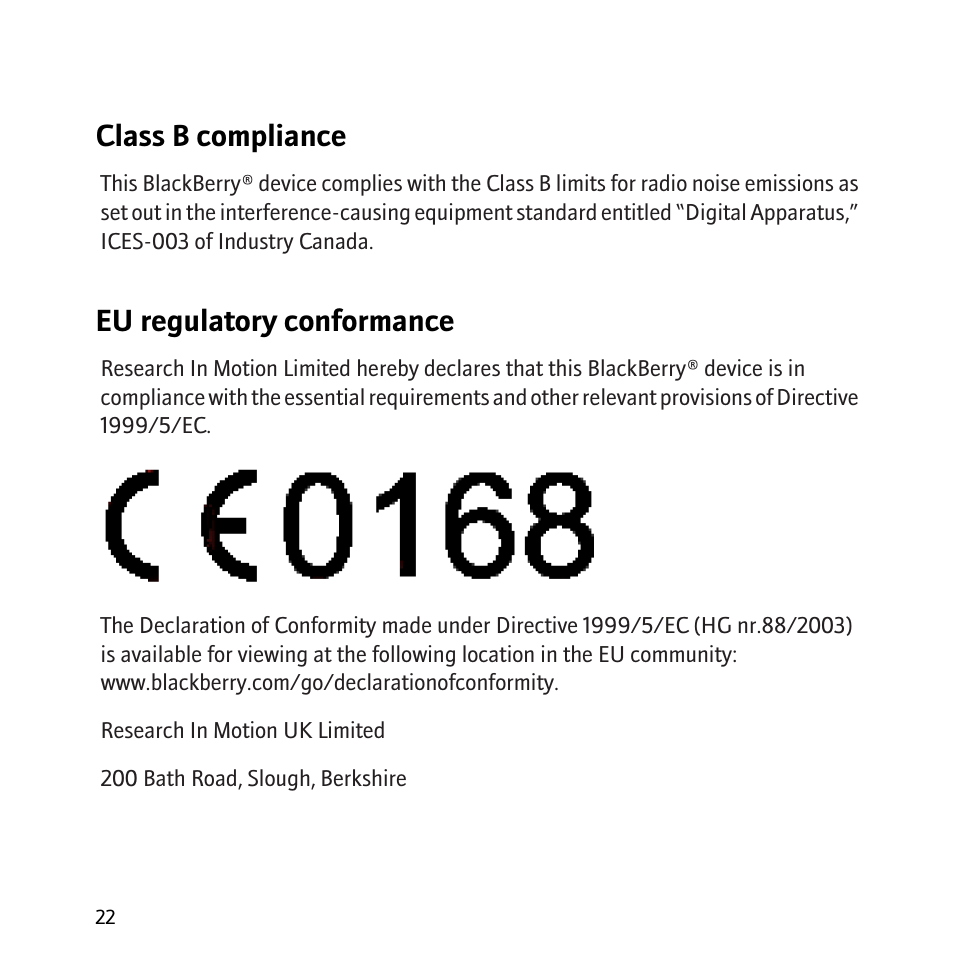 Class b compliance, Eu regulatory conformance | Blackberry 8800 User Manual | Page 24 / 32