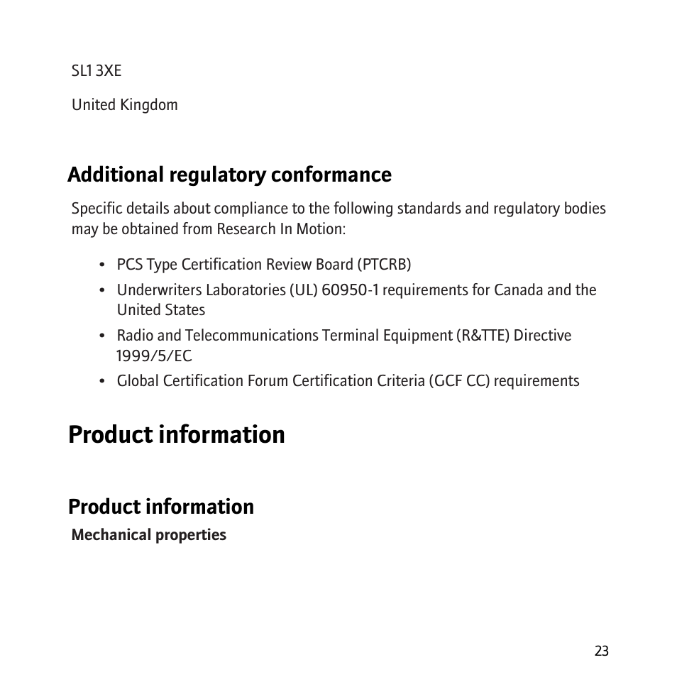 Product information, Additional regulatory conformance | Blackberry 8800 User Manual | Page 25 / 32