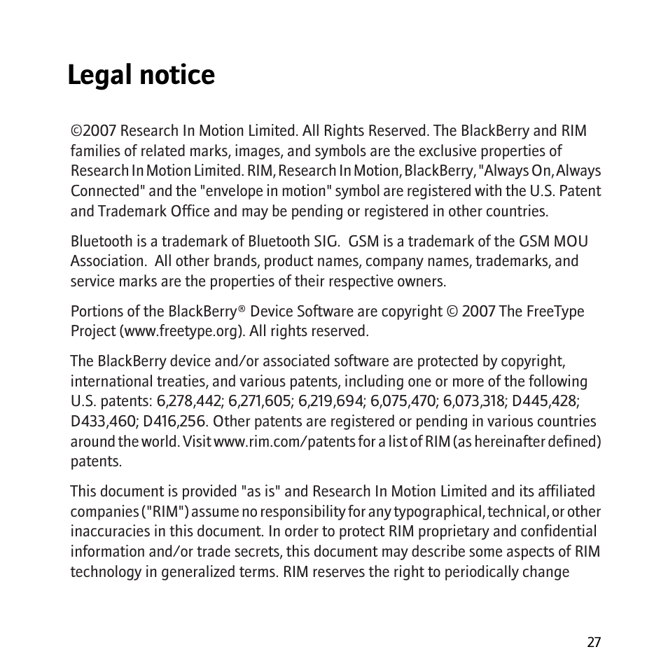 Legal notice | Blackberry 8800 User Manual | Page 29 / 32