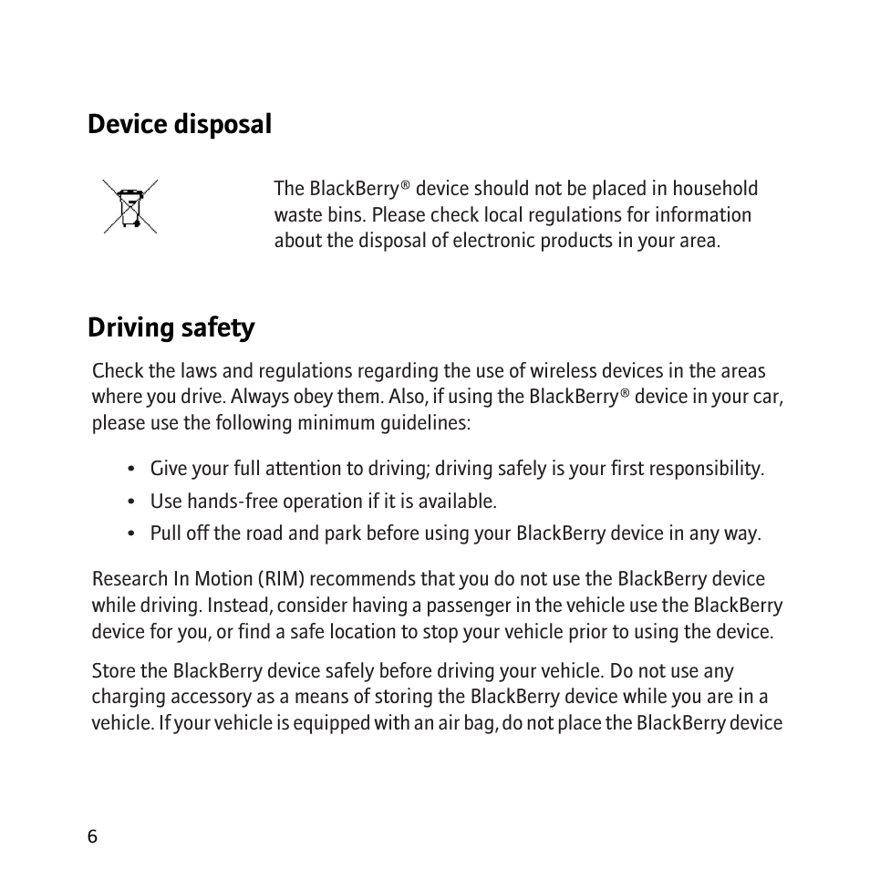 Device disposal, Driving safety | Blackberry 8800 User Manual | Page 8 / 32