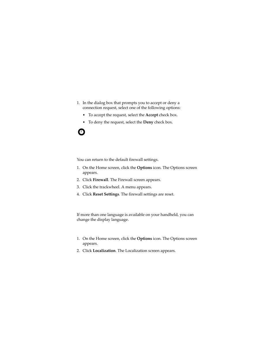 Localization, Accept or deny a connection request, Reset firewall settings | Select a display language | Blackberry 7230 User Manual | Page 116 / 152
