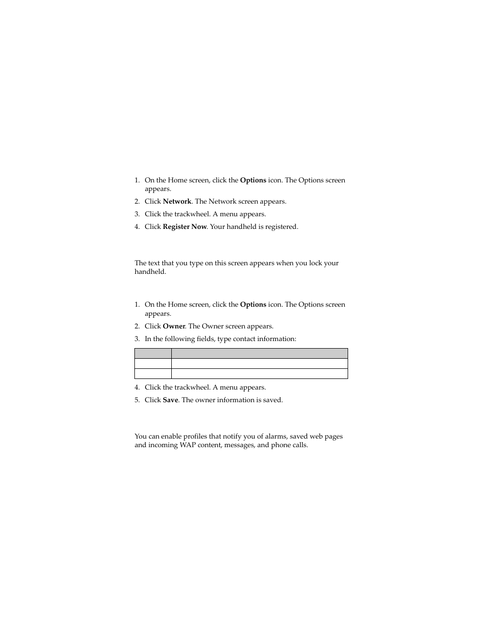 Owner, Profiles, Register your handheld manually | Set owner information | Blackberry 7230 User Manual | Page 119 / 152