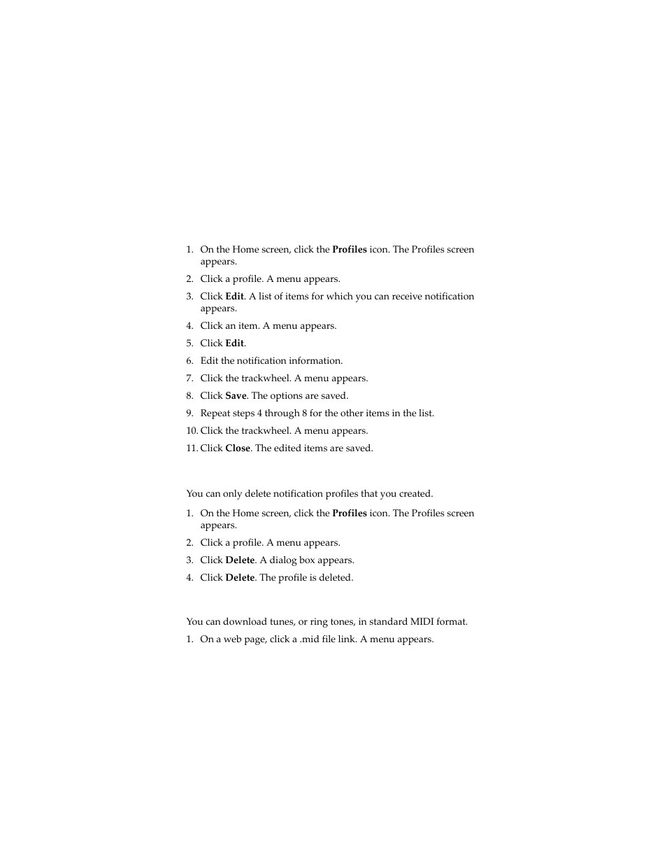 Edit a notification profile, Delete a notification profile, Download notification tunes | Blackberry 7230 User Manual | Page 122 / 152