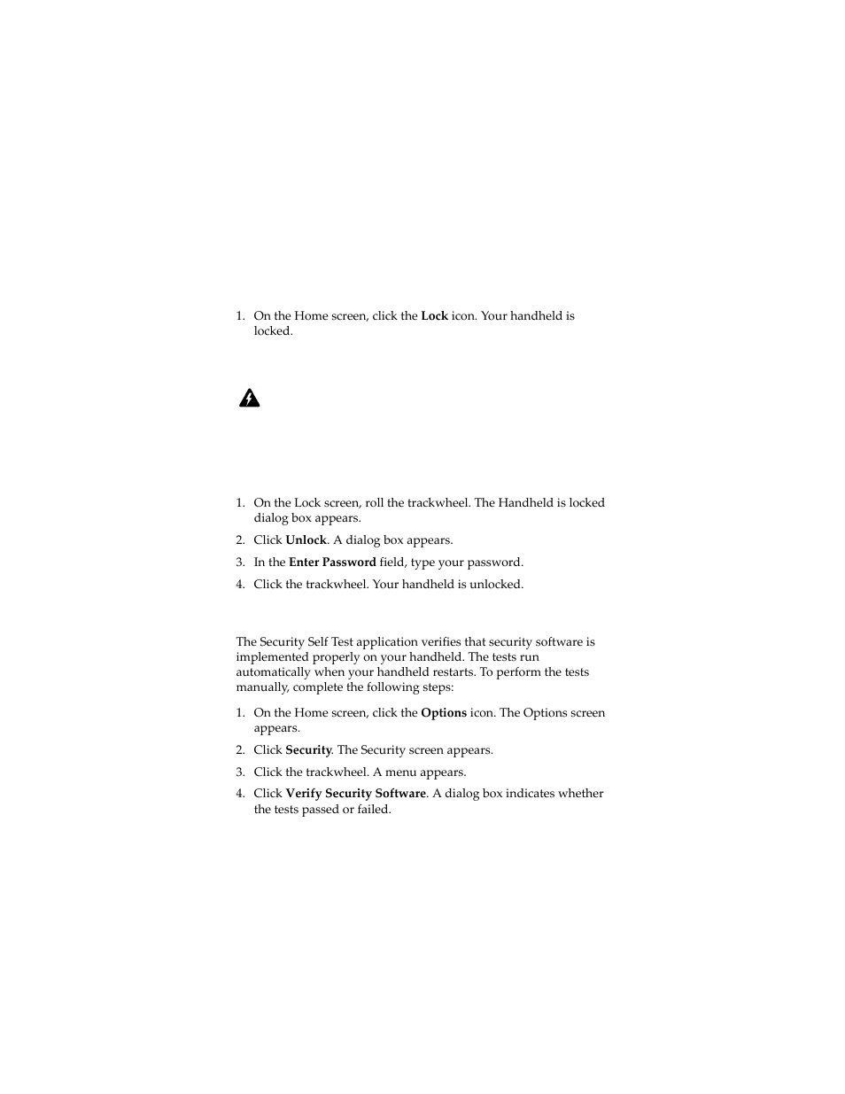 Lock your handheld, Unlock your handheld, Perform security self tests | Blackberry 7230 User Manual | Page 127 / 152
