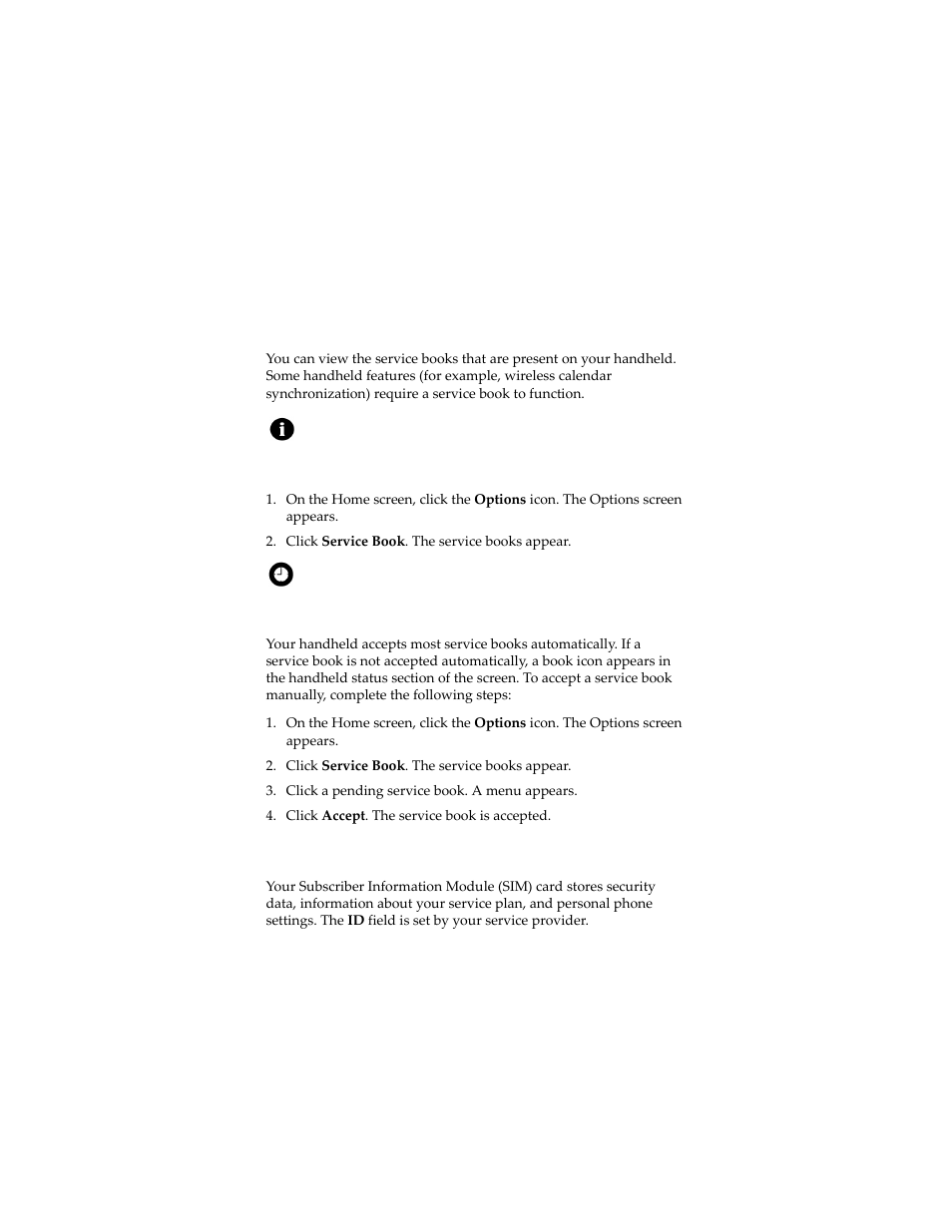 Service book, Sim card, View service books | Accept a service book | Blackberry 7230 User Manual | Page 128 / 152