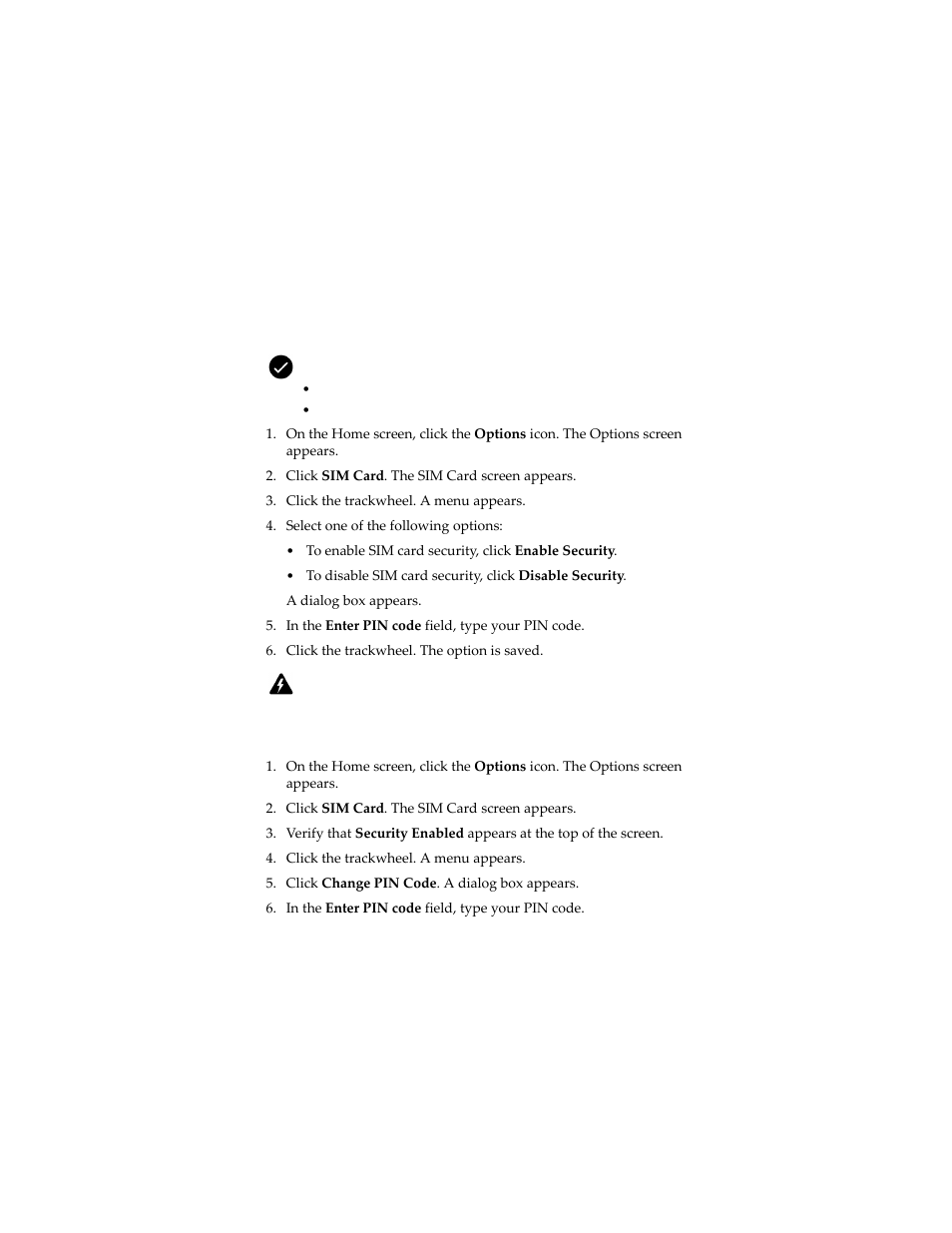 Enable or disable sim card security, Change the sim card pin code | Blackberry 7230 User Manual | Page 129 / 152
