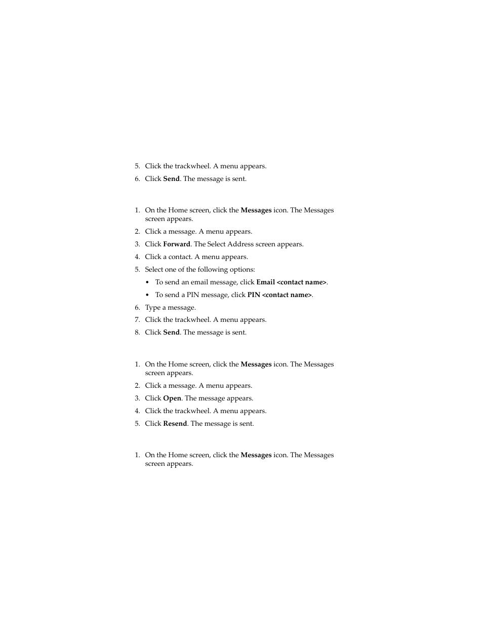 Forward a message, Resend a message, Edit and resend a message | Blackberry 7230 User Manual | Page 14 / 152