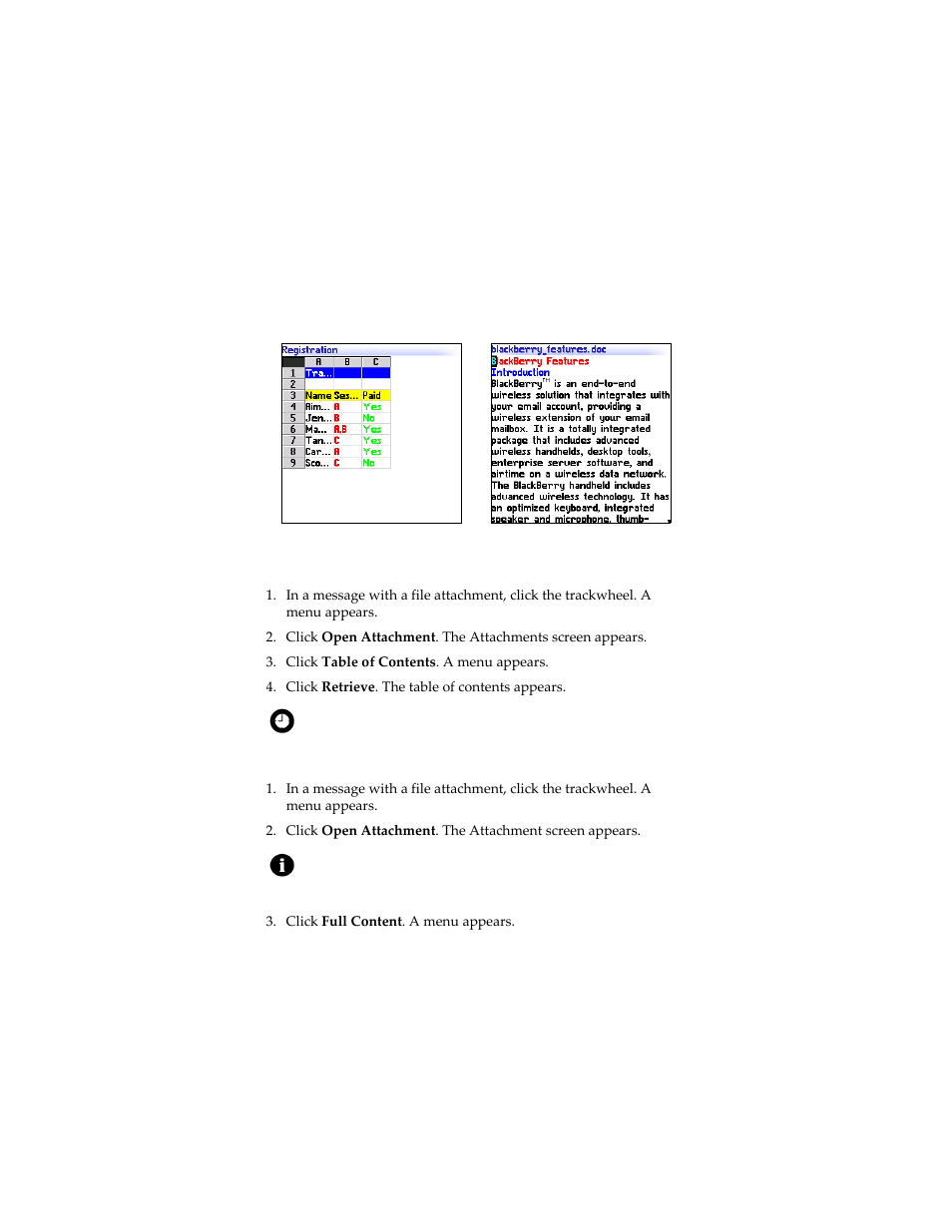 Open the table of contents of a file attachment, Open a file attachment | Blackberry 7230 User Manual | Page 18 / 152