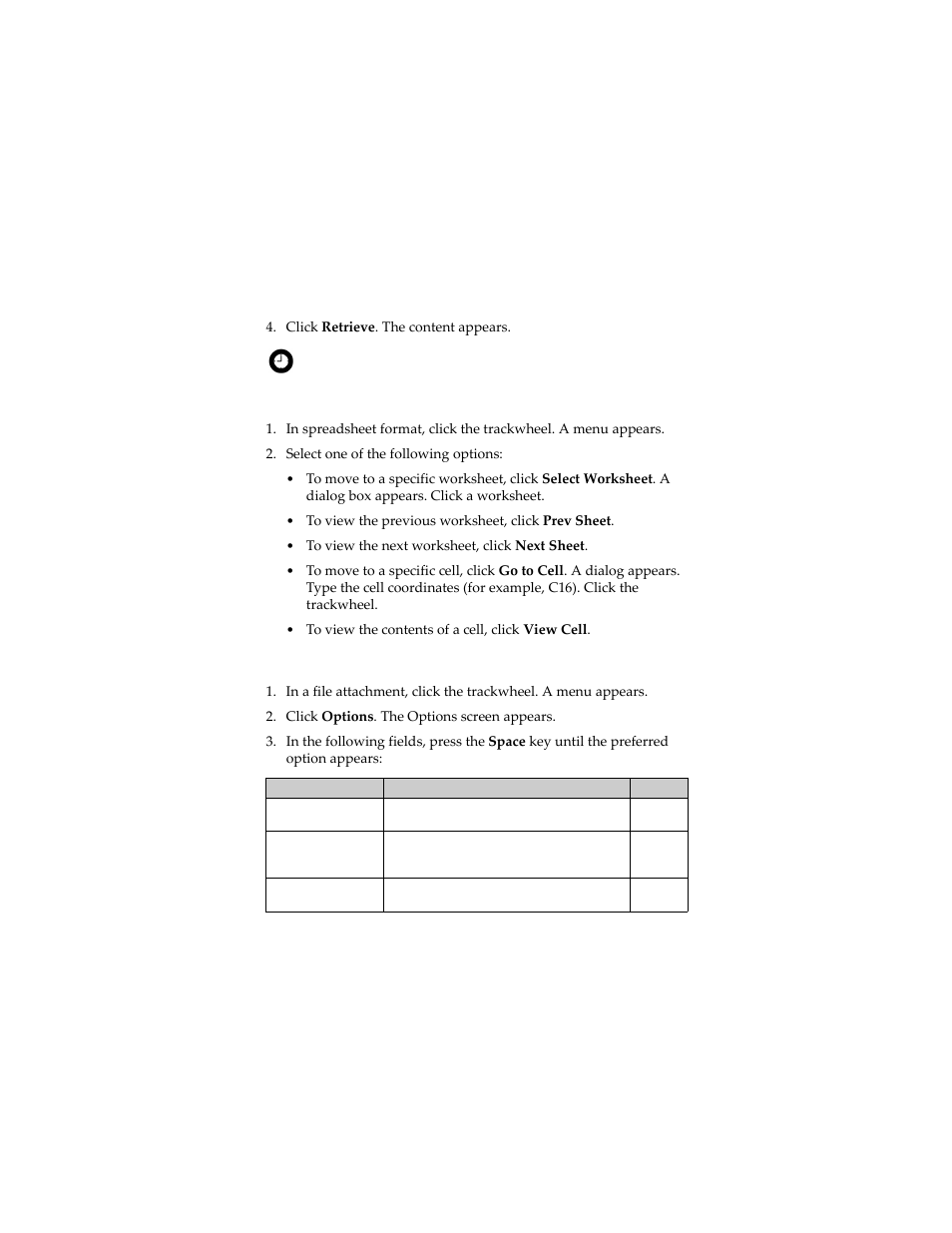 Navigate in spreadsheet format, Set file attachment options | Blackberry 7230 User Manual | Page 19 / 152