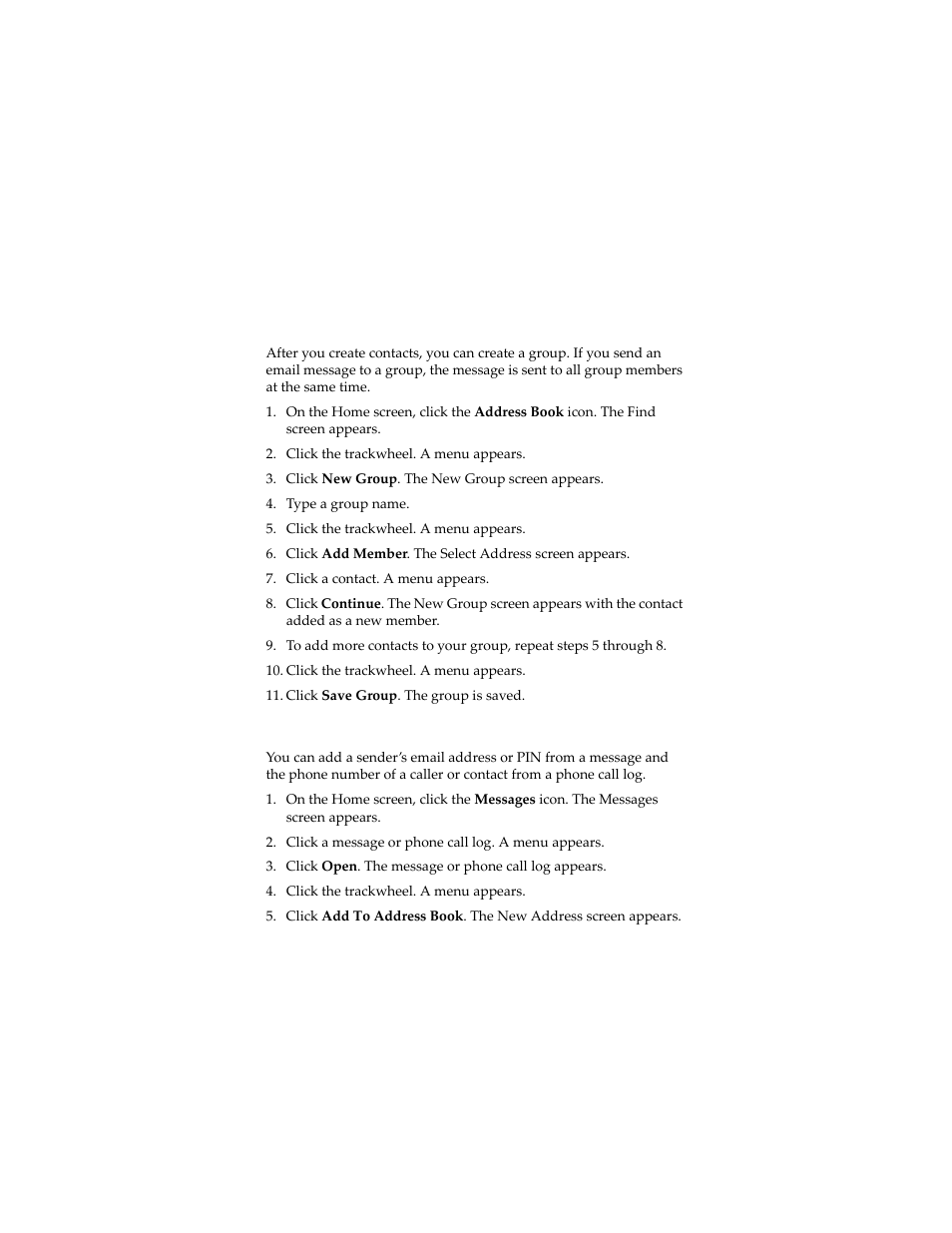 Create a group, Add contact information from the messages screen | Blackberry 7230 User Manual | Page 38 / 152