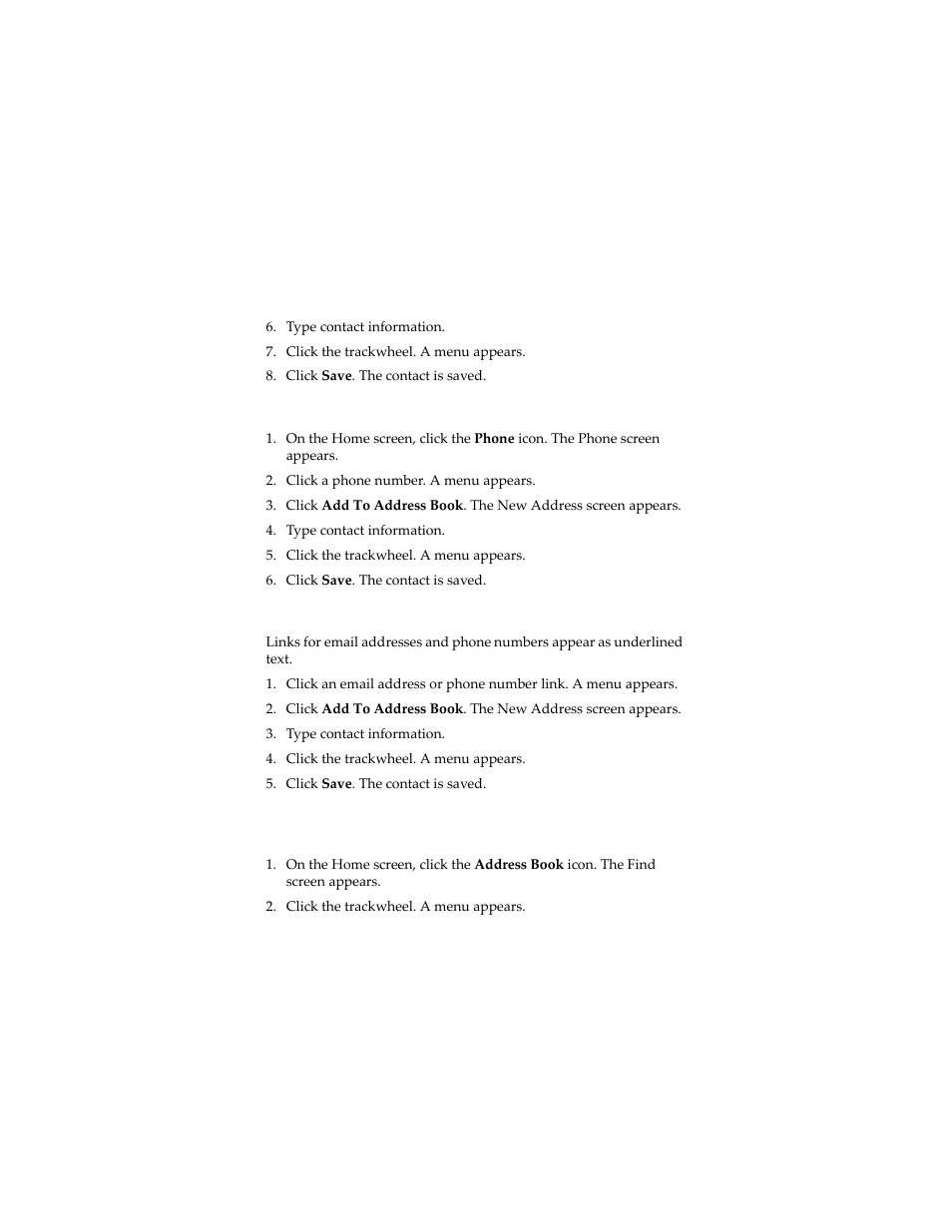 Add contact information from the phone screen, Add contact information from a link | Blackberry 7230 User Manual | Page 39 / 152