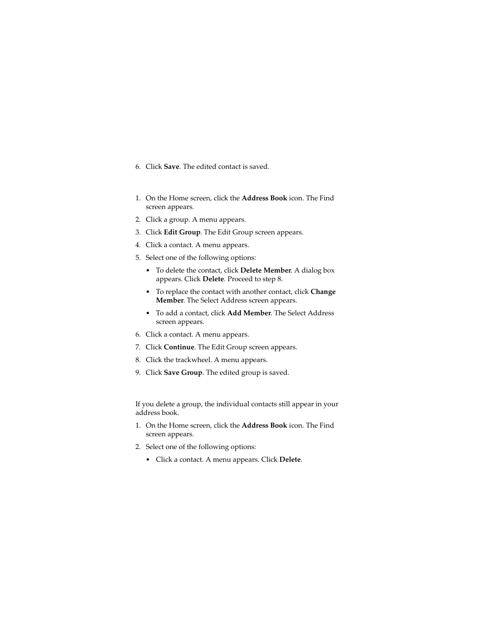 Edit a group, Delete a contact or group | Blackberry 7230 User Manual | Page 41 / 152