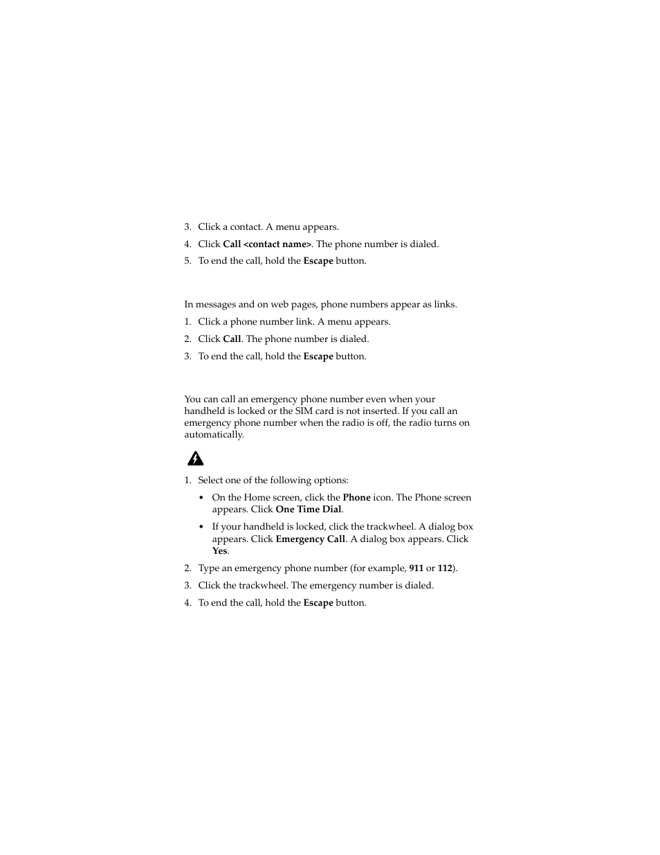 Call a contact using a link, Call an emergency phone number | Blackberry 7230 User Manual | Page 50 / 152