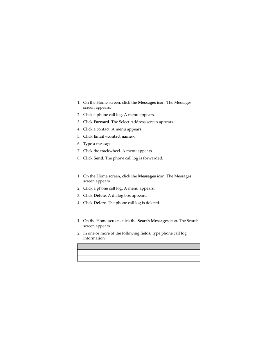 Forward a phone call log, Delete a phone call log, Search for a phone call log | Blackberry 7230 User Manual | Page 56 / 152