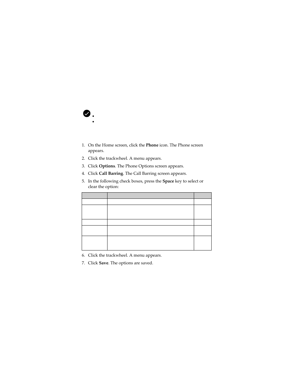 Setting call barring, Set call barring options | Blackberry 7230 User Manual | Page 59 / 152