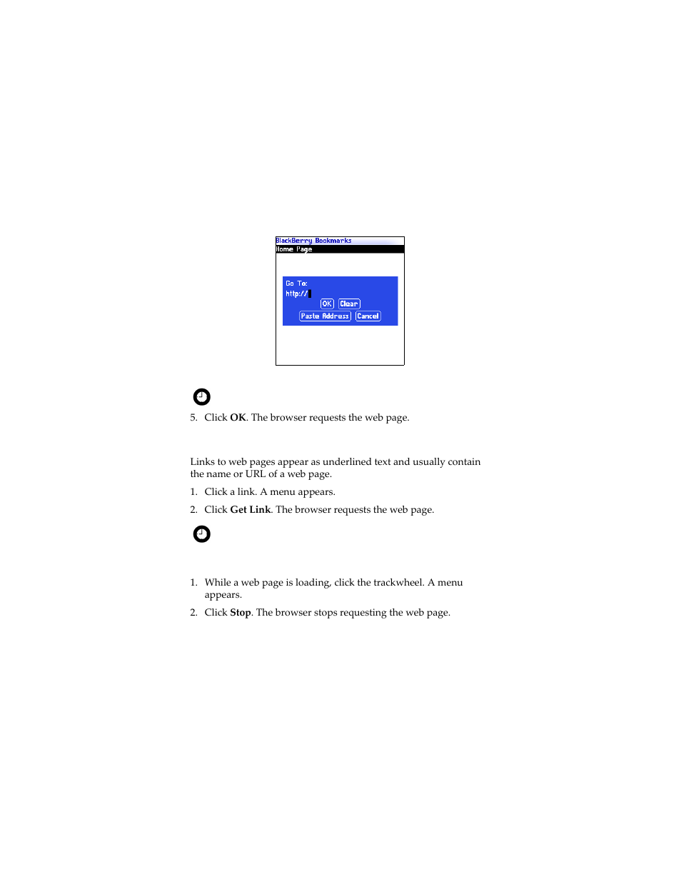 Open a web page from a link, Cancel a web page request | Blackberry 7230 User Manual | Page 72 / 152