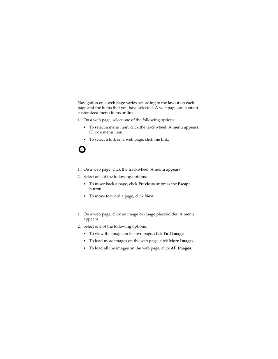 Navigate on a web page, Navigate between web pages, View images on a web page | Blackberry 7230 User Manual | Page 73 / 152