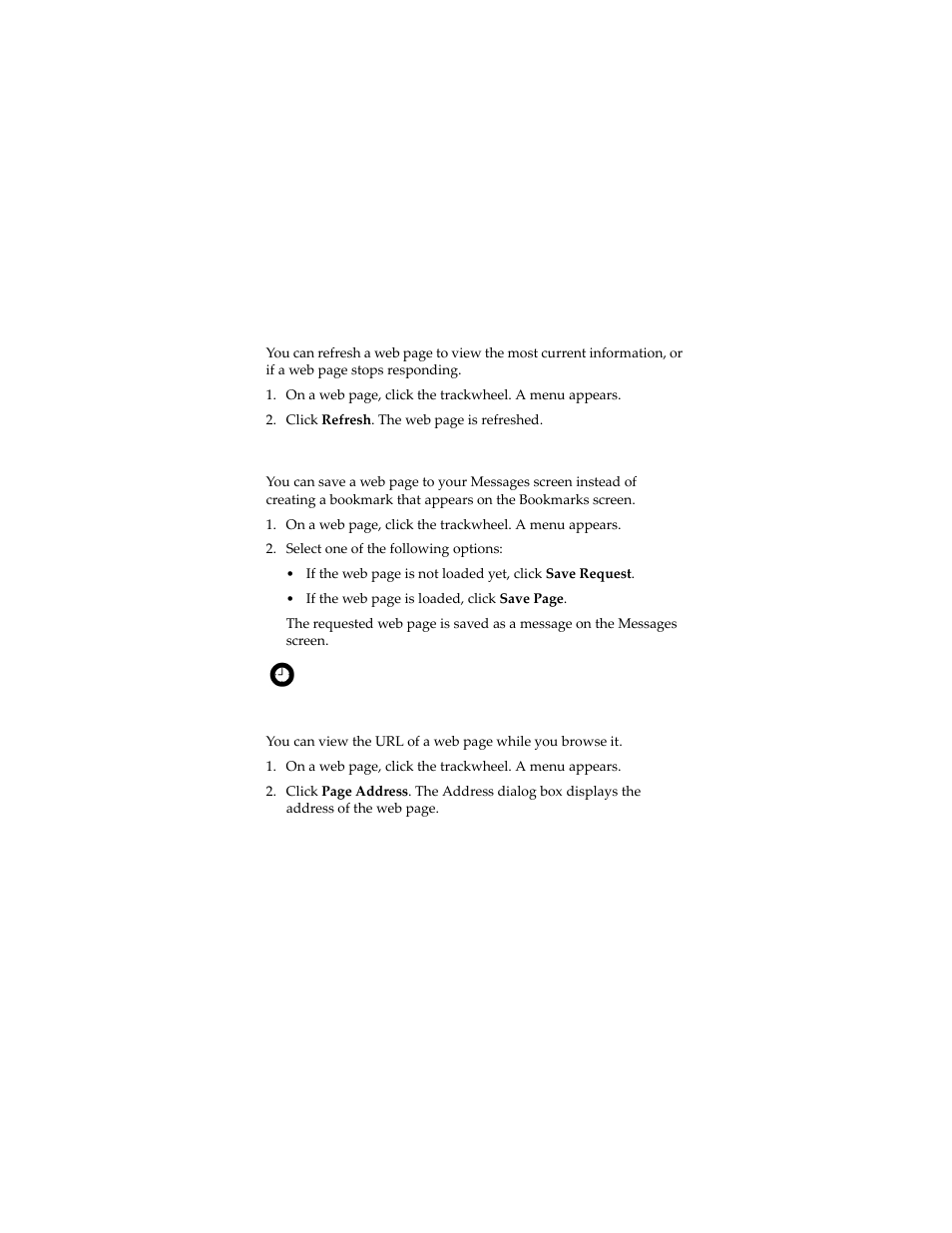 Refresh a web page, Save a web page to the messages screen, View the url of a web page | Blackberry 7230 User Manual | Page 74 / 152