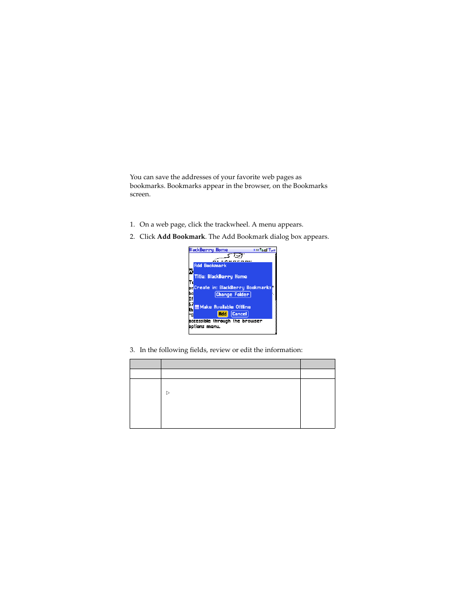 Using bookmarks, Create a bookmark | Blackberry 7230 User Manual | Page 76 / 152
