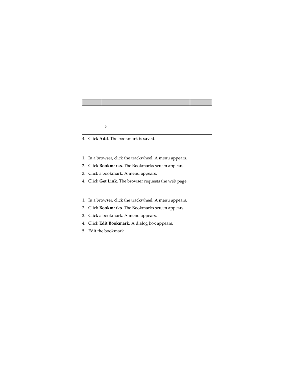 Open a bookmark, Edit a bookmark | Blackberry 7230 User Manual | Page 77 / 152