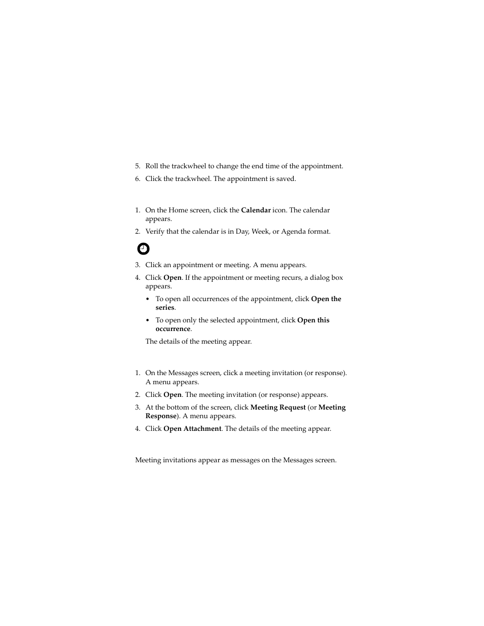 Open an appointment or meeting, Open a meeting from the messages screen, Accept or decline a meeting invitation | Blackberry 7230 User Manual | Page 92 / 152