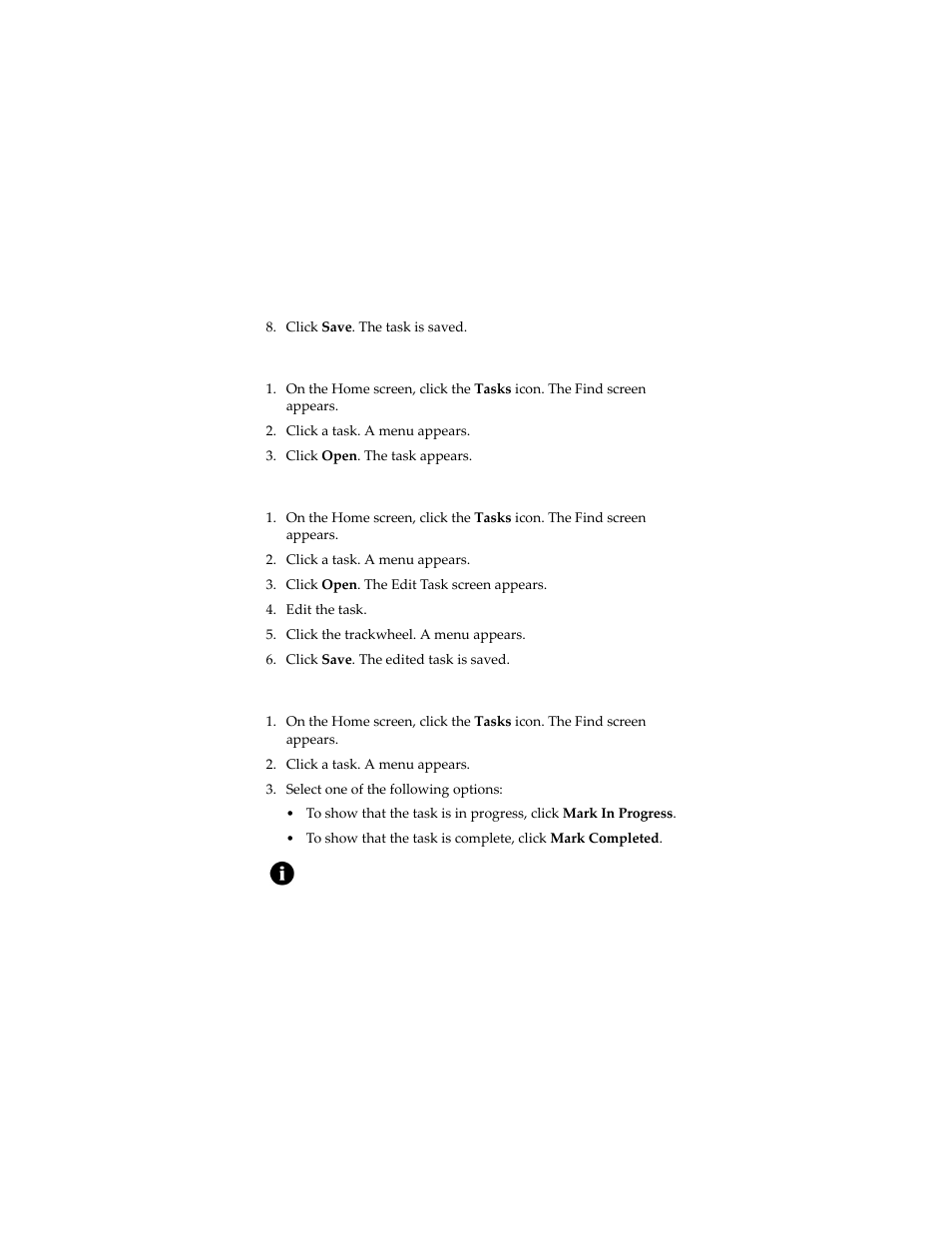 Open a task, Edit a task, Change the status of a task | Blackberry 7230 User Manual | Page 99 / 152