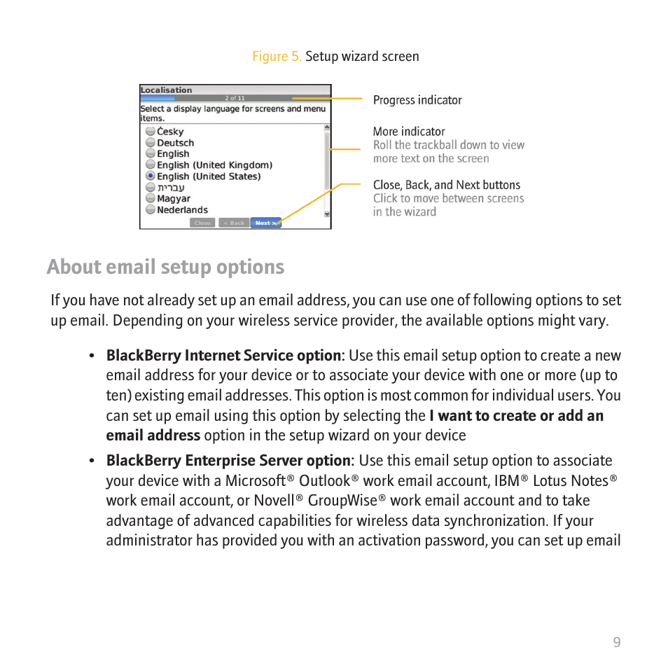 About email setup options | Blackberry 8820 User Manual | Page 11 / 44