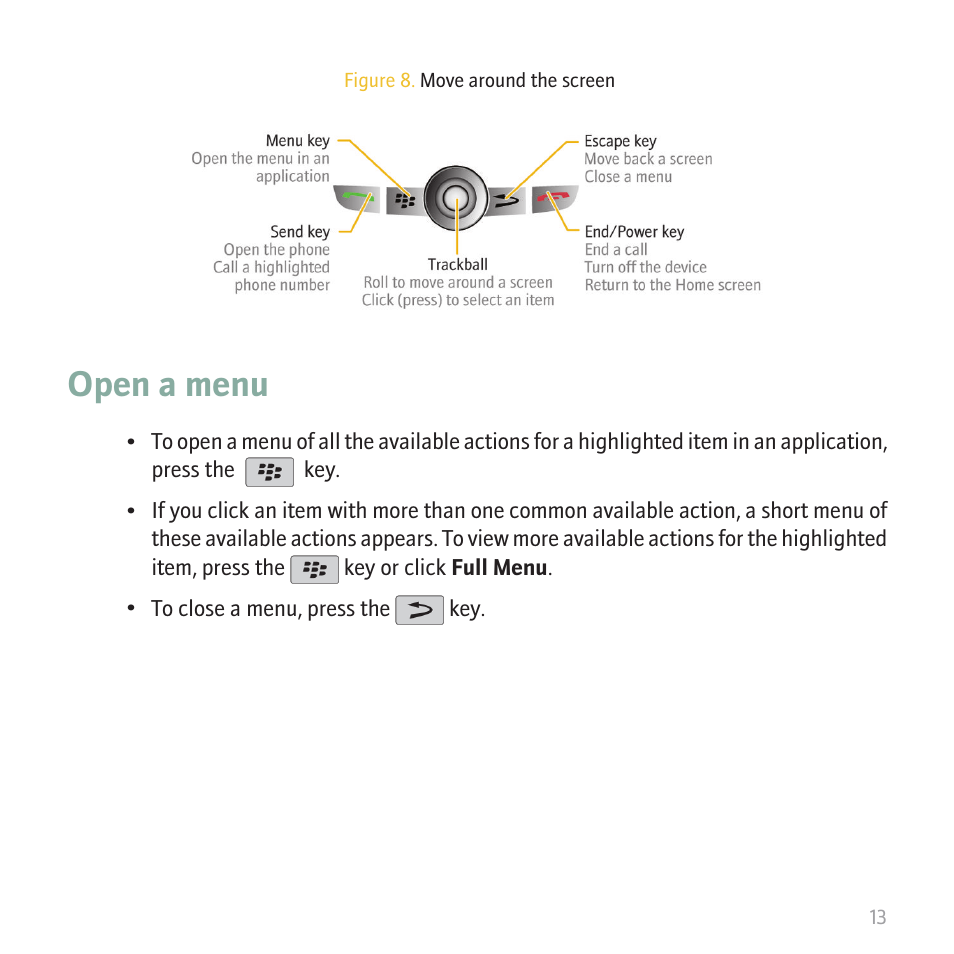 Open a menu | Blackberry 8820 User Manual | Page 15 / 44