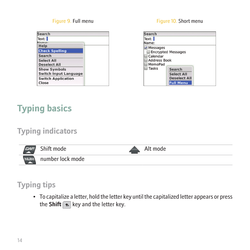 Typing basics, Typing indicators, Typing tips | Blackberry 8820 User Manual | Page 16 / 44