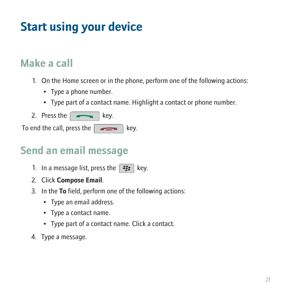 Start using your device, Make a call, Send an email message | Blackberry 8820 User Manual | Page 23 / 44