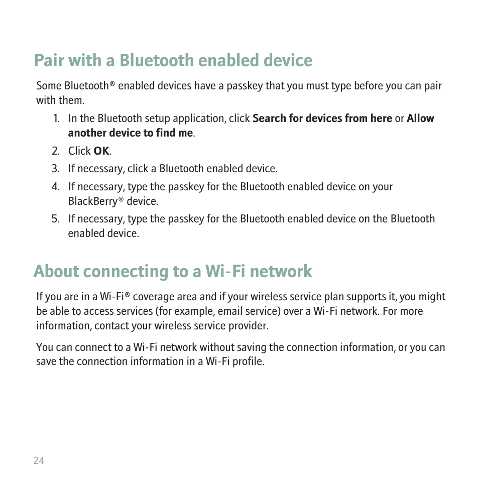 Pair with a bluetooth enabled device, About connecting to a wi-fi network | Blackberry 8820 User Manual | Page 26 / 44