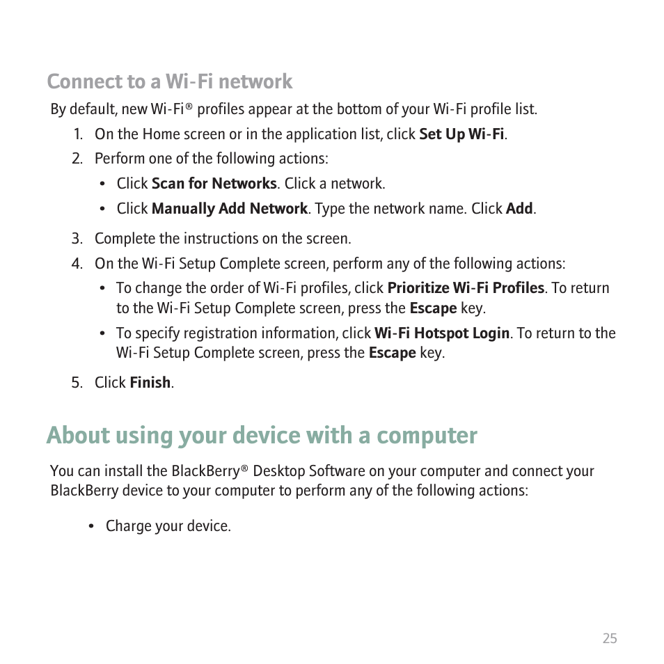 About using your device with a computer, Connect to a wi-fi network | Blackberry 8820 User Manual | Page 27 / 44