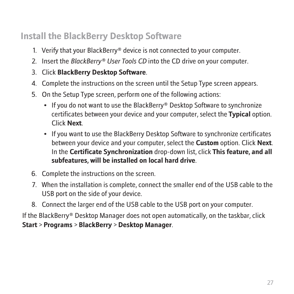 Install the blackberry desktop software | Blackberry 8820 User Manual | Page 29 / 44