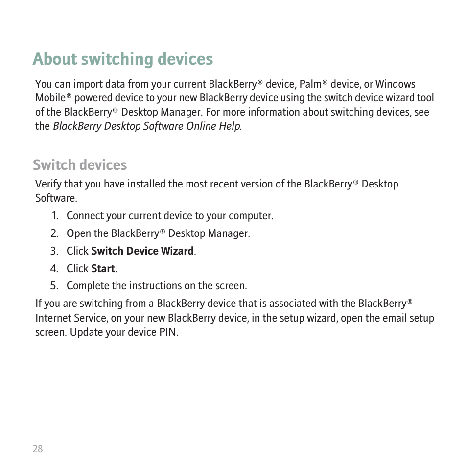 About switching devices, Switch devices | Blackberry 8820 User Manual | Page 30 / 44