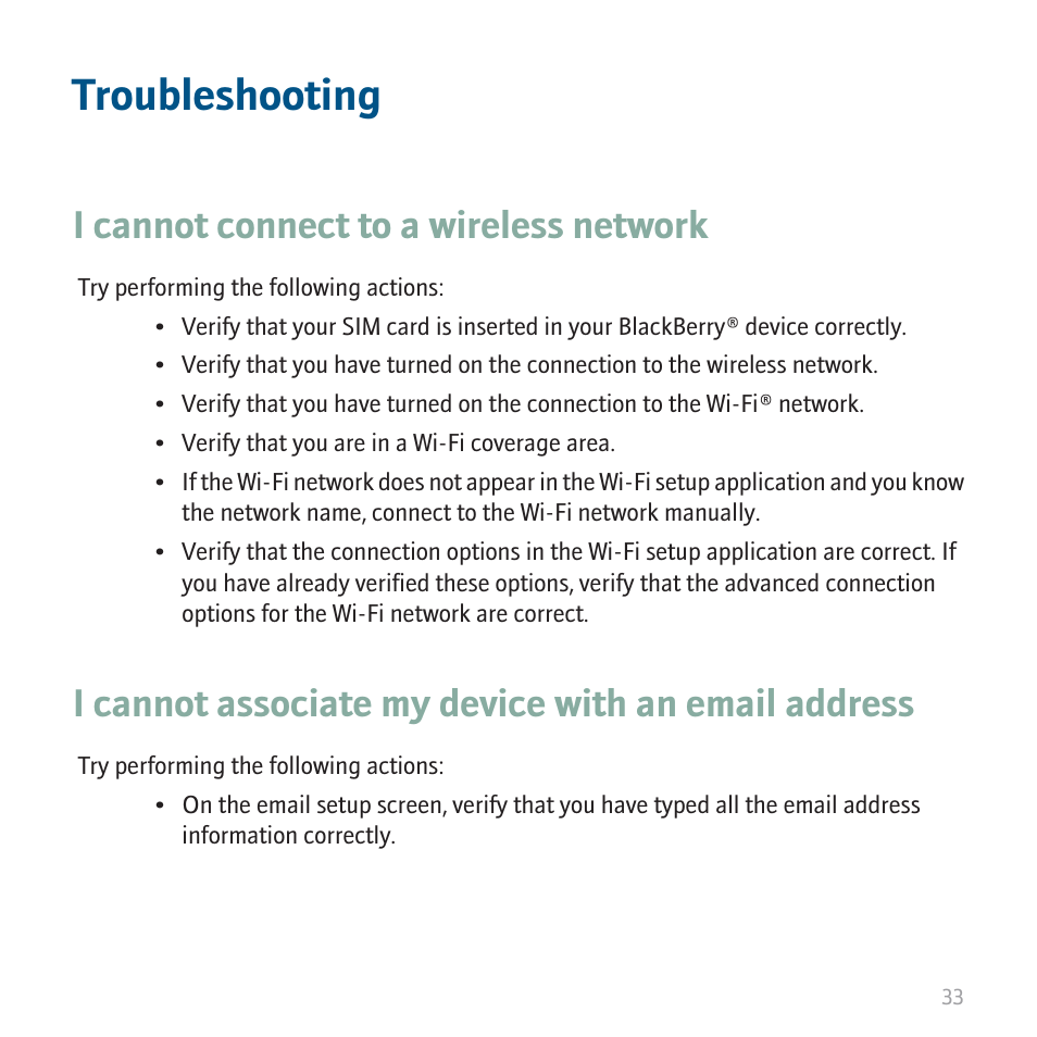 Troubleshooting, I cannot connect to a wireless network, I cannot associate my device with an email address | Blackberry 8820 User Manual | Page 35 / 44